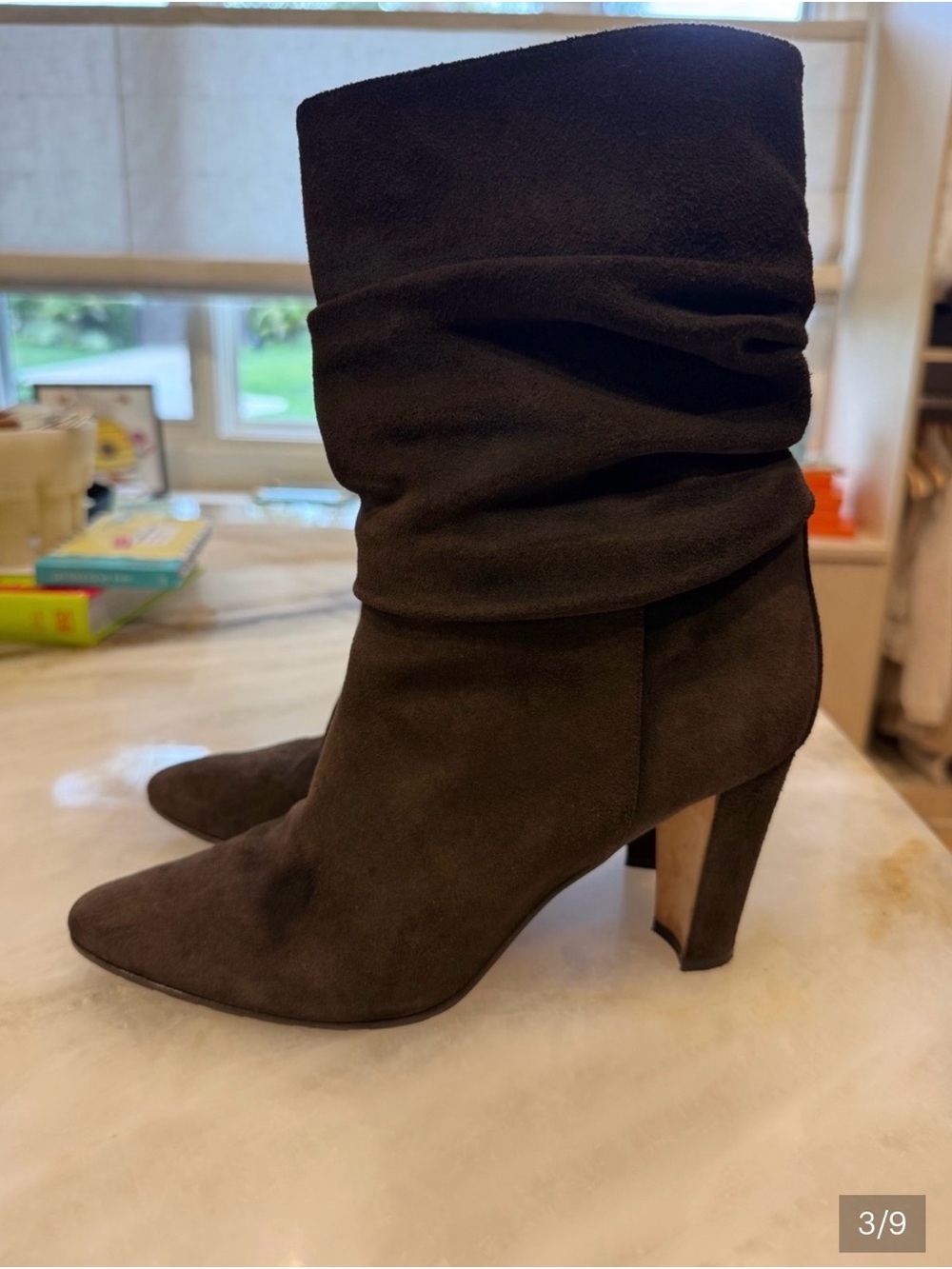 Manolo Blahnik Dark Brown Suede Slouchy Mid-Calf Heeled Boots